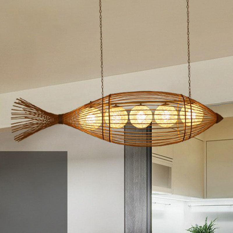 Handcrafted Fish Tea Room Chandelier Lighting Bamboo Minimalist Pendant Light in Wood