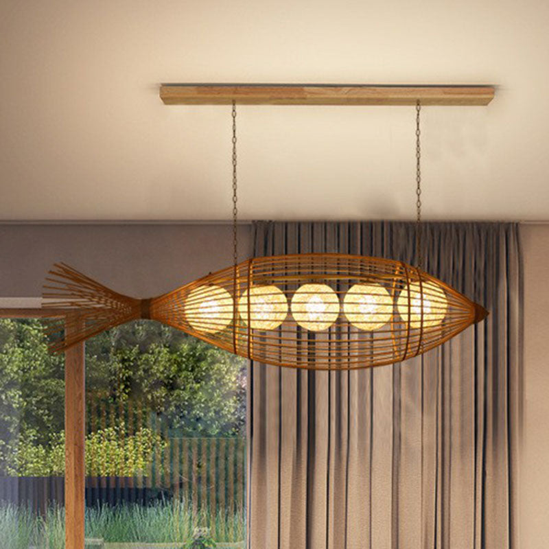 Handcrafted Fish Tea Room Chandelier Lighting Bamboo Minimalist Pendant Light in Wood