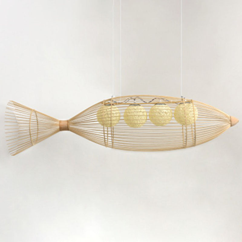 Handcrafted Fish Tea Room Chandelier Lighting Bamboo Minimalist Pendant Light in Wood