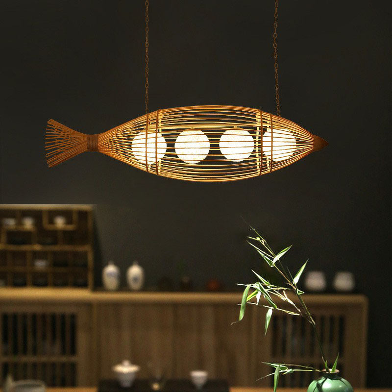 Bamboo Fish Shaped Ceiling Lighting South-east Asia 3 Bulbs Chandelier Light Fixture