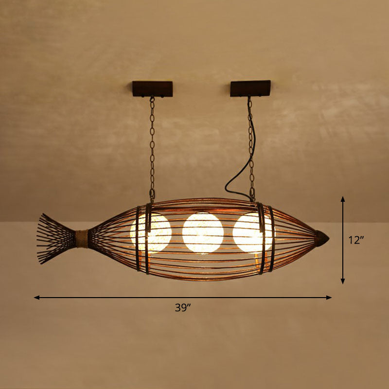 Bamboo Fish Shaped Ceiling Lighting South-east Asia 3 Bulbs Chandelier Light Fixture