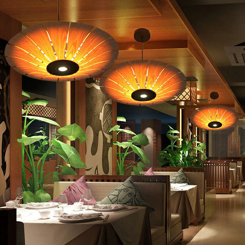 Asian Style Umbrella Chandelier Light Wood 3 Bulbs Restaurant Pendant Light Fixture