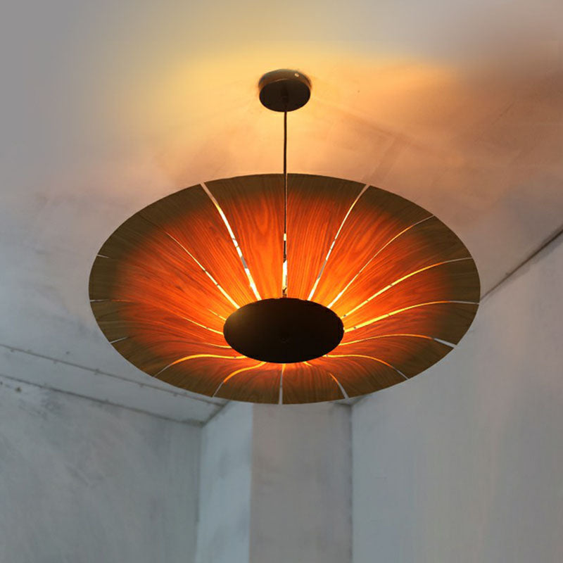 Asian Style Umbrella Chandelier Light Wood 3 Bulbs Restaurant Pendant Light Fixture