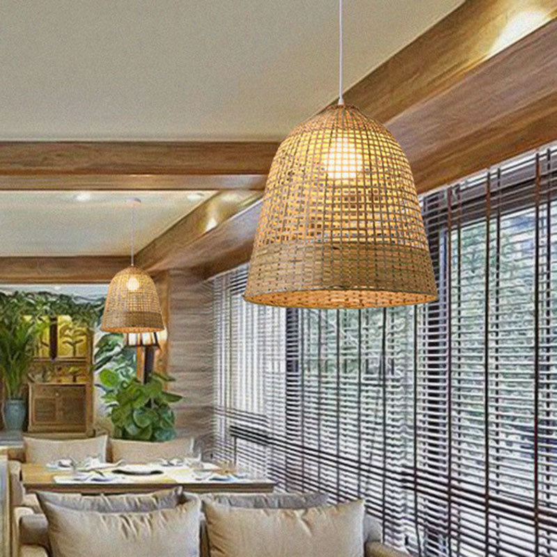 Weaving Bamboo Suspension Light Simplicity 1-Light Wood Pendant Light Fixture for Restaurant