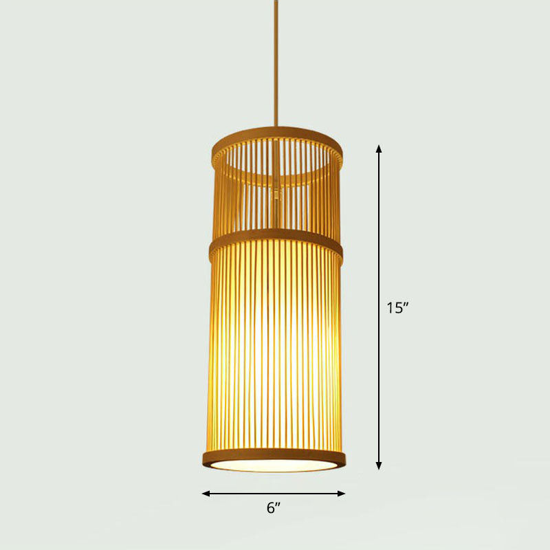 Handcrafted Ceiling Light Chinese Style Bamboo Single Restaurant Hanging Pendant Light in Wood