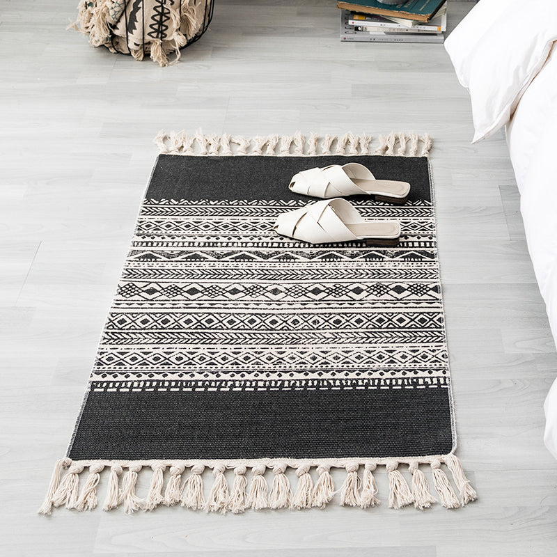 Ethnic Geometric Pattern Rug Multi-Color Cotton Blend Area Carpet Machine Washable Handwoven Rug with Tassel for Room