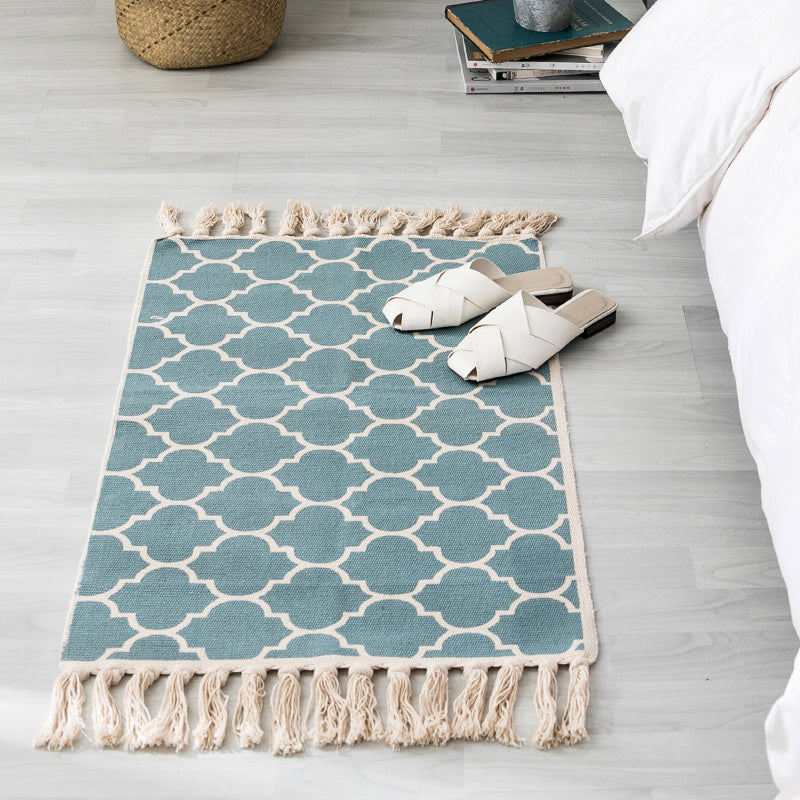 Ethnic Geometric Pattern Rug Multi-Color Cotton Blend Area Carpet Machine Washable Handwoven Rug with Tassel for Room