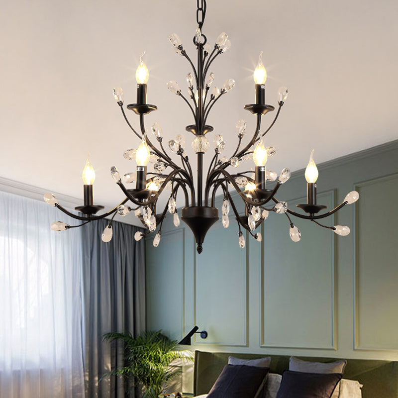 3/6/9 Lichter Esszimmer Kronleuchter Lampe moderne schwarze Blumeneisenheizlicht mit Kristall -Drapieren