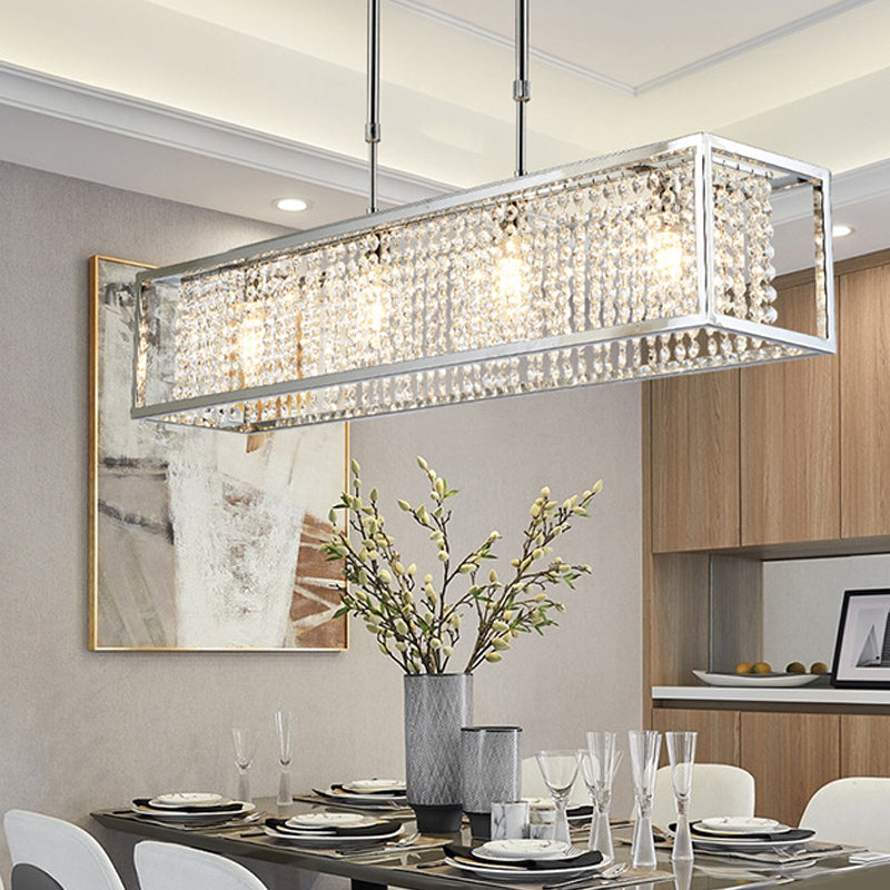 Cuboid Island Pendant Contemporary Iron Frame 4 Lights Chrome/Gold Chandelier with Clear Crystal Drops