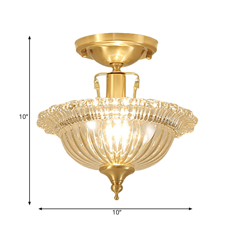 Flared Semi Flush Contemporary Ruffle Glass Shaded 1 Light Brass Ceiling Flush Mount