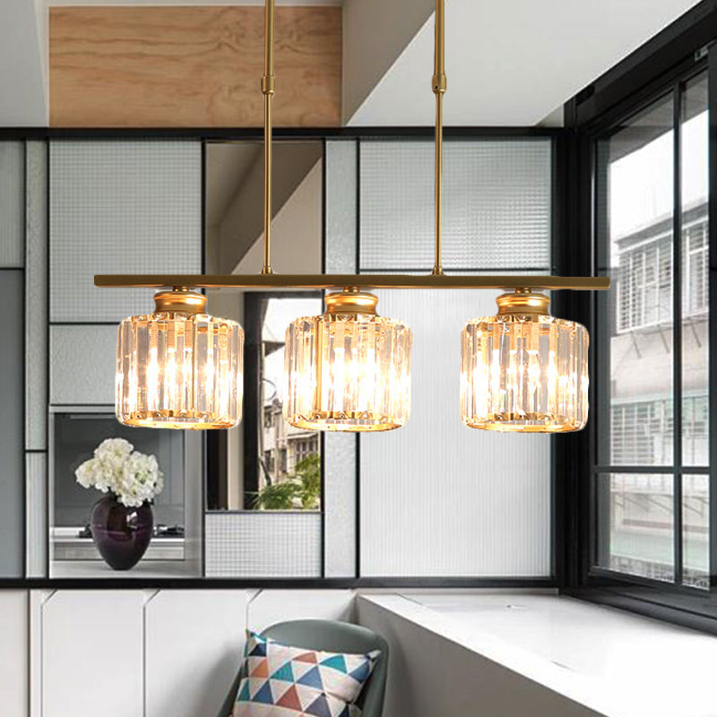 3/4 Lights Dining Room Drum Shaped Ceiling Pendant Modernist Crystal Shaded Hanging Lamp over Island in Brass