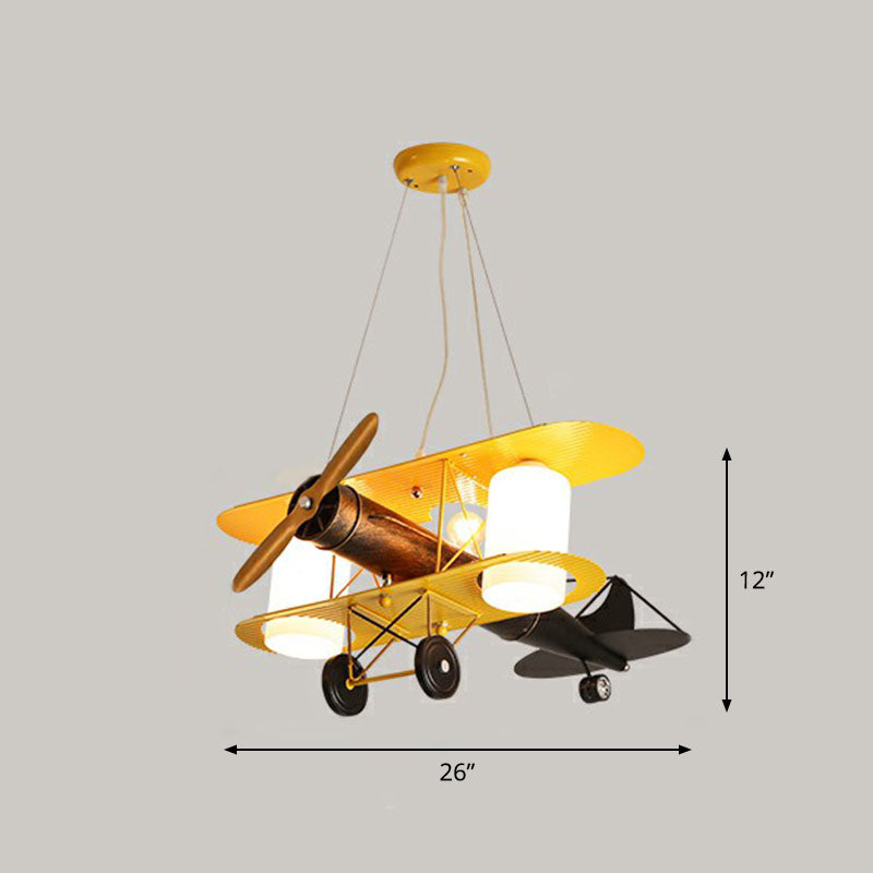 Aircraft Chandelier Pendant Cartoon Metallic Jaune LED Plafond Light avec cylindre Grossed Glass Shade