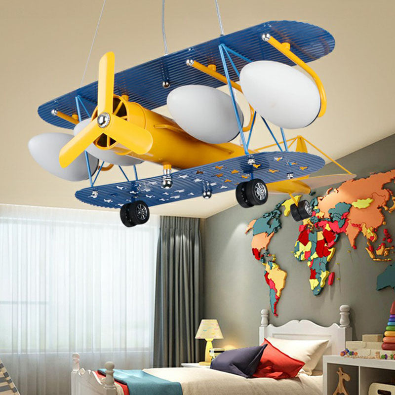 Jet Plane LED Suspension Light Kids Style Metallic Yellow Chandelier Lighting