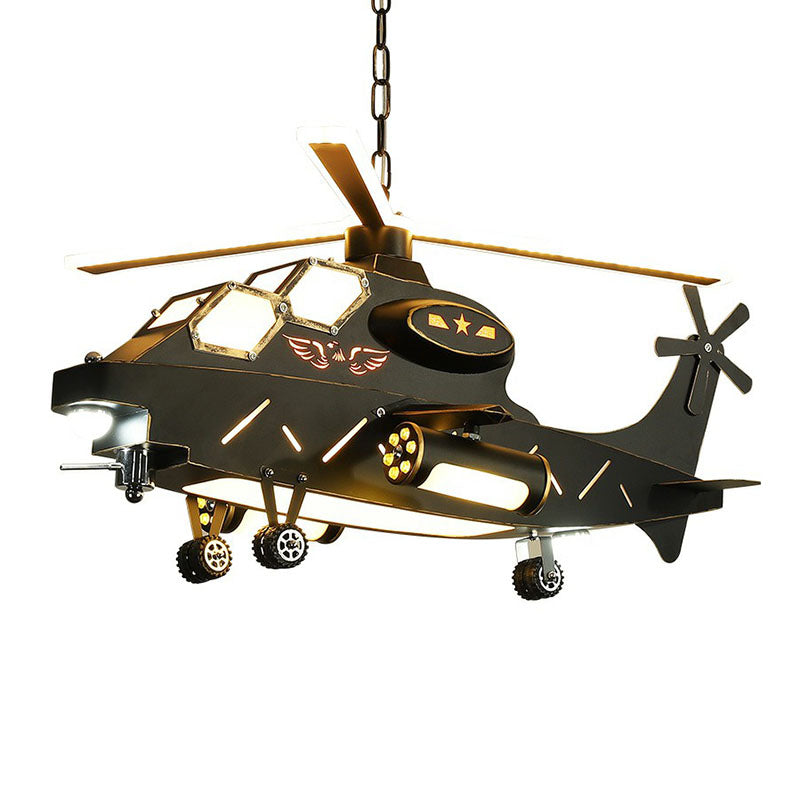 Black Helicopter LED Ceiling Lighting Childrens Metallic Chandelier Light Fixture for Bedroom