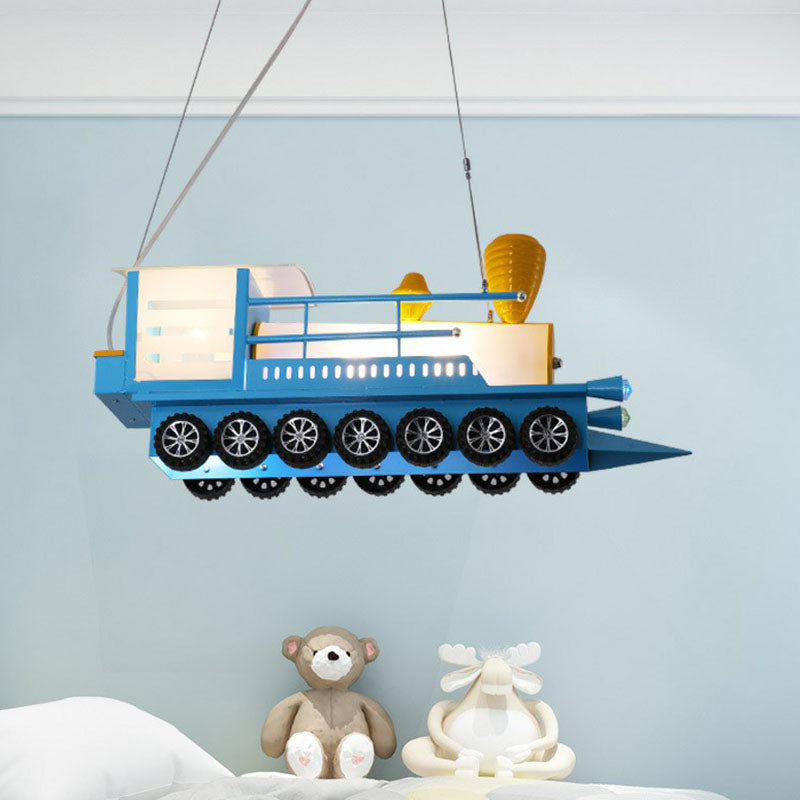 Metallic Train Shape Chandelier Lamp Contemporary Blue LED Hanging Light for Nursery