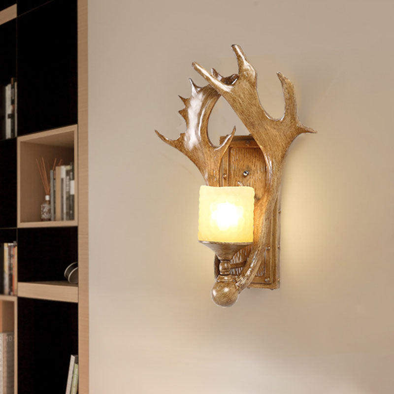 Antler Resin Wall Mount Light Retro 1-Light Study Room Wall Lighting with Frosted Glass Shade in Brown