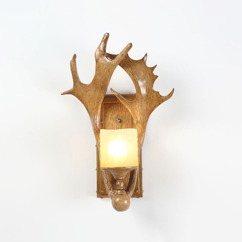 Antler Resin Wall Mount Light Retro 1-Light Study Room Wall Lighting with Frosted Glass Shade in Brown