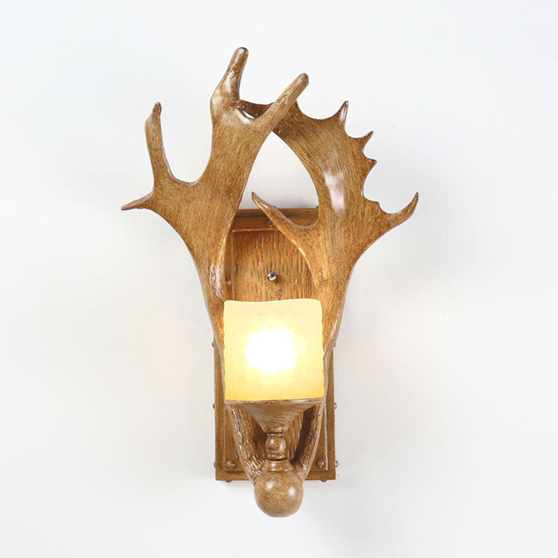 Antler Resin Wall Mount Light Retro 1-Light Study Room Wall Lighting with Frosted Glass Shade in Brown