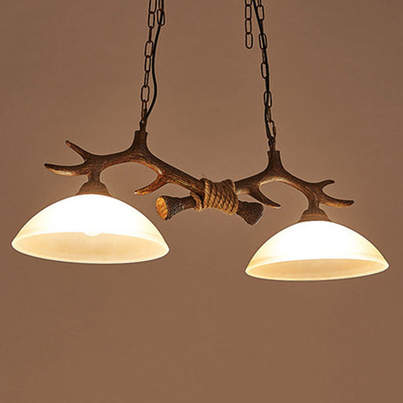 Verre Beige Dark Coffee Pendant Light Dome 2 Heads Restaurant Hanging Island Light With Antler Decor