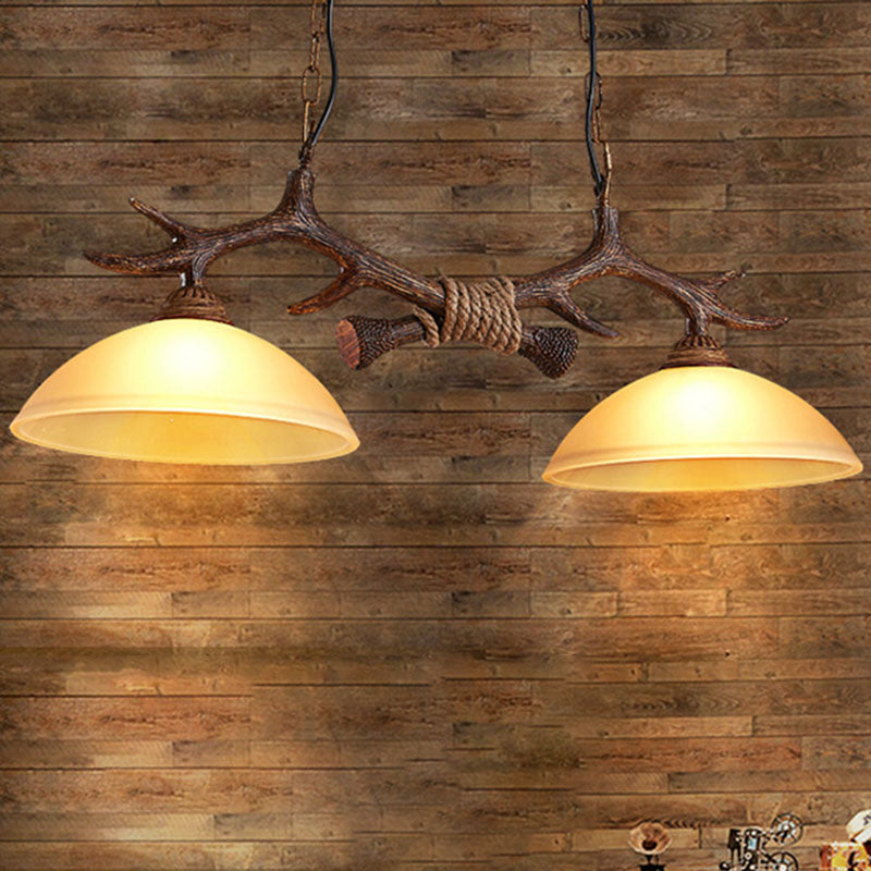 Beige Glass Dark Coffee Pendant Light Dome 2 Heads Restaurant Hanging Island Light with Antler Decor