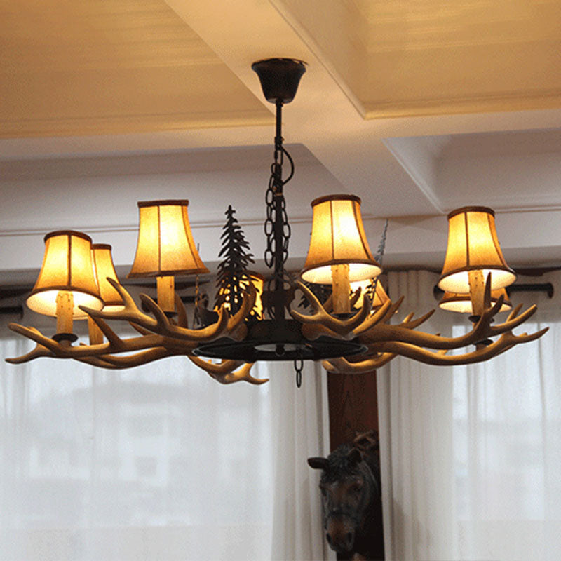 Resin Antler Ceiling Lighting Traditional Living Room Chandelier Light Fixture with Shade in Brown