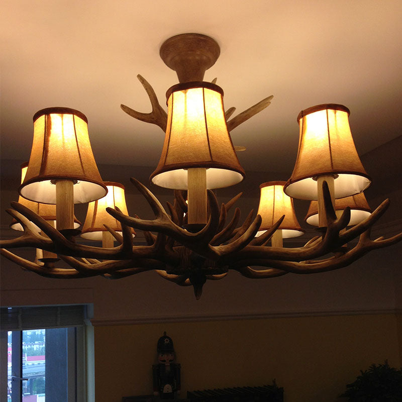 Resin Antler Ceiling Lighting Traditional Living Room Chandelier Light Fixture with Shade in Brown