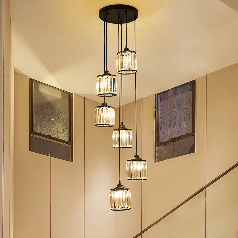 Modern Drum Multi Light Pendant Tri-Prism Crystal Staircase Hanging Lighting in Black