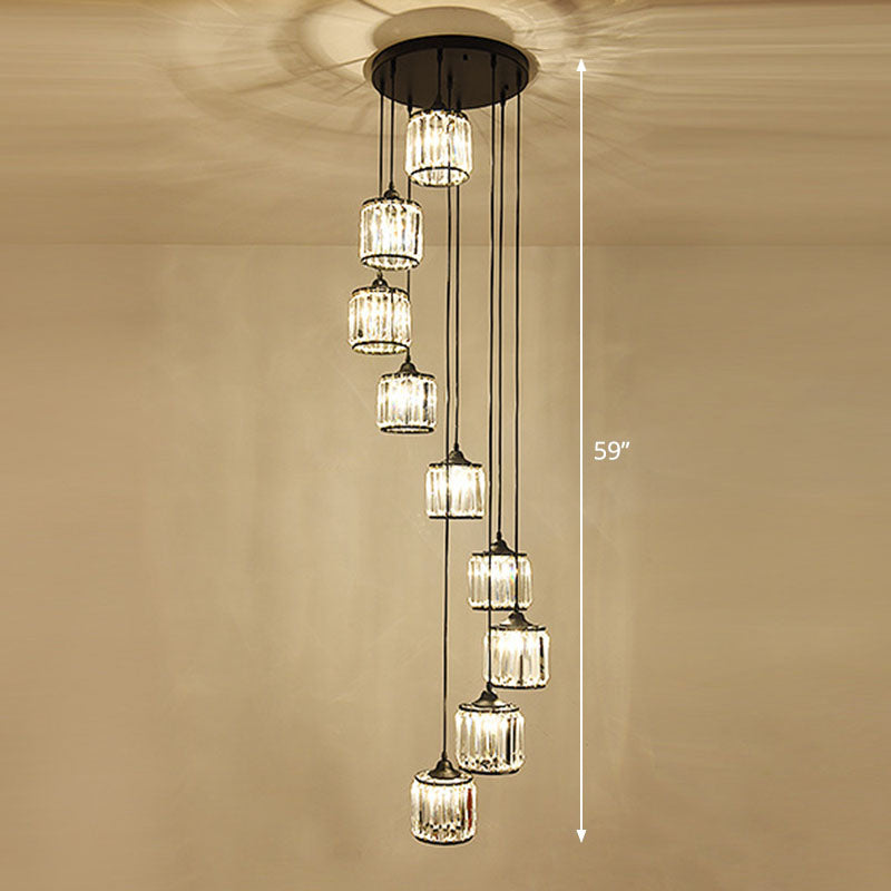 Modern Drum Multi Light Pendant Tri-Prism Crystal Staircase Hanging Lighting in Black