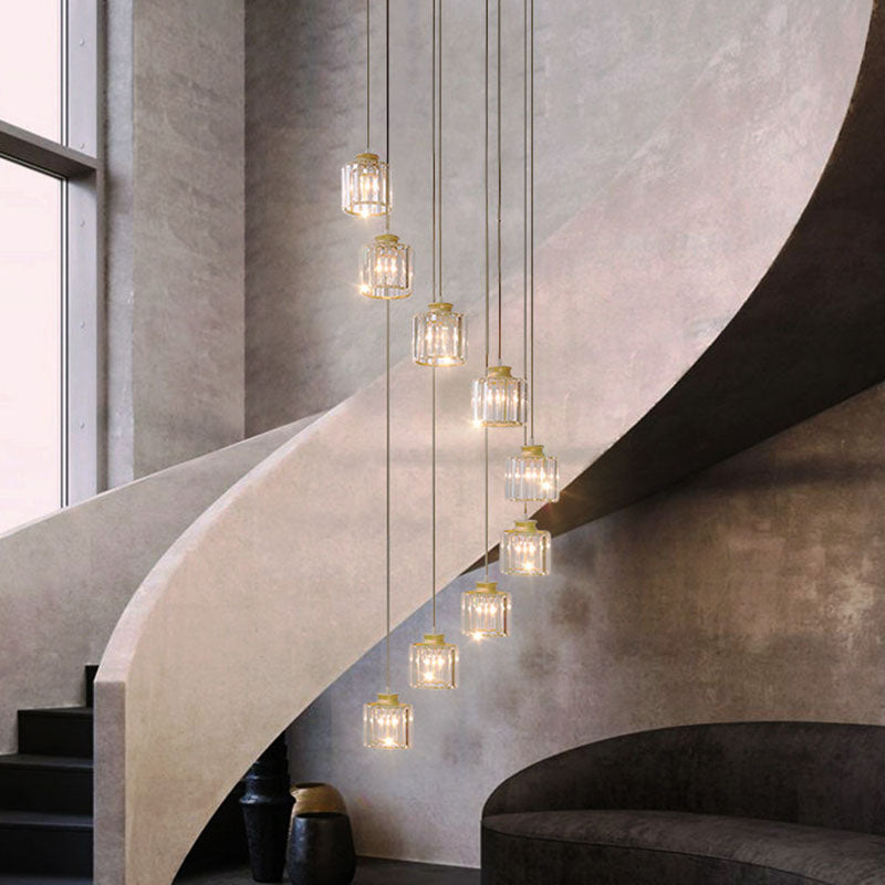 Spiral Cylinder Multi Ceiling Lamp Contemporary Prismatic Crystal Stairwell Suspension Light Fixture