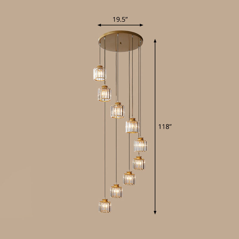 Spiral Cylinder Multi Ceiling Lamp Contemporary Prismatic Crystal Stairwell Suspension Light Fixture