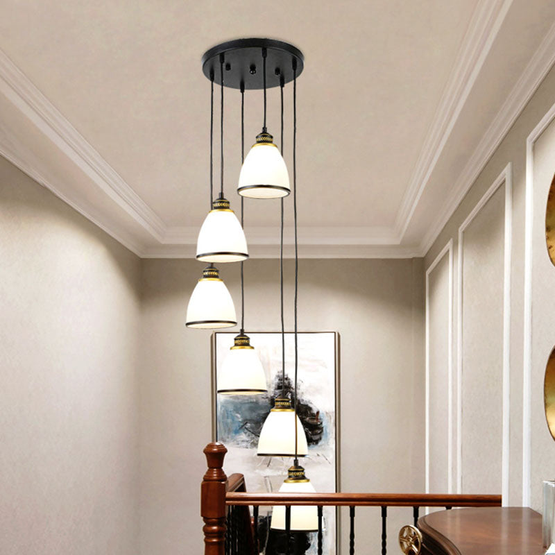 Spiral Bell Shade Staircase Hanging Light Cream Glass Simplicity Multi Light Pendant