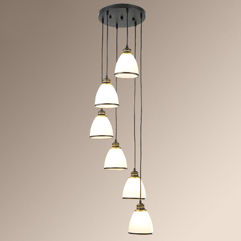 Spiral Bell Shade Staircase Hanging Light Cream Glass Simplicity Multi Light Pendant