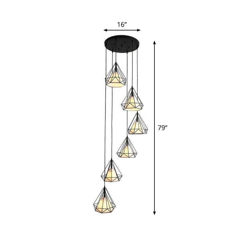 Spiral Diamond Cage Metallic Suspension Light Minimalist 6 Bulbs Black Multi Light Pendant for Stairwell