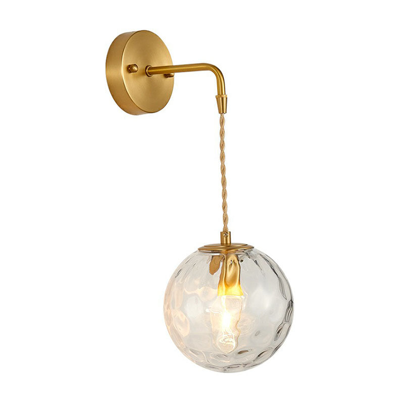 Minimalist Single-Bulb Wall Light Fixture Gold Ball Sconce with Hammered Glass Shade