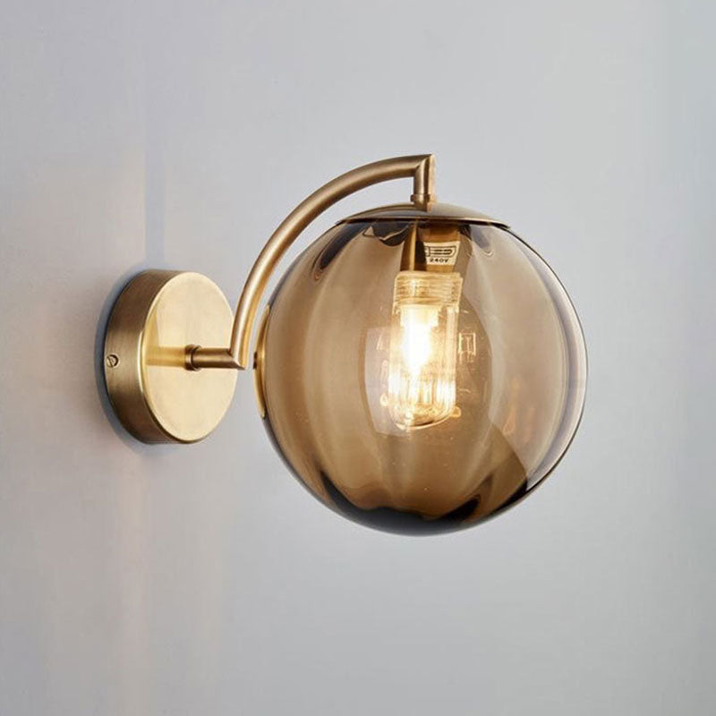 1-Bulb Bedside Wall Lighting Simple Gold Finish Sconce with Ball Rib Glass Shade