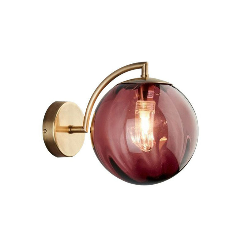 1-Bulb Bedside Wall Lighting Simple Gold Finish Sconce with Ball Rib Glass Shade