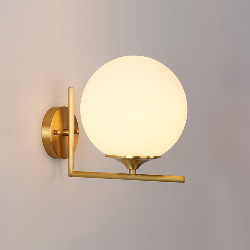 Sphere Bedside Wall Sconce Milk Glass 1-Light Minimalist Wall Mounted Light with Right Angle Arm in Gold