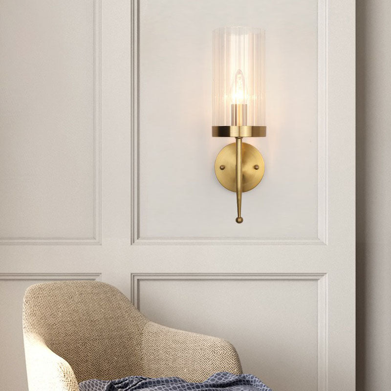 Fluted Glass Cylinder Wall Lamp Post-Modern 1 Head Gold Finish Sconce Light for Living Room