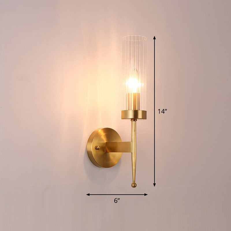 Fluted Glass Cylinder Wall Lamp Post-Modern 1 Head Gold Finish Sconce Light for Living Room