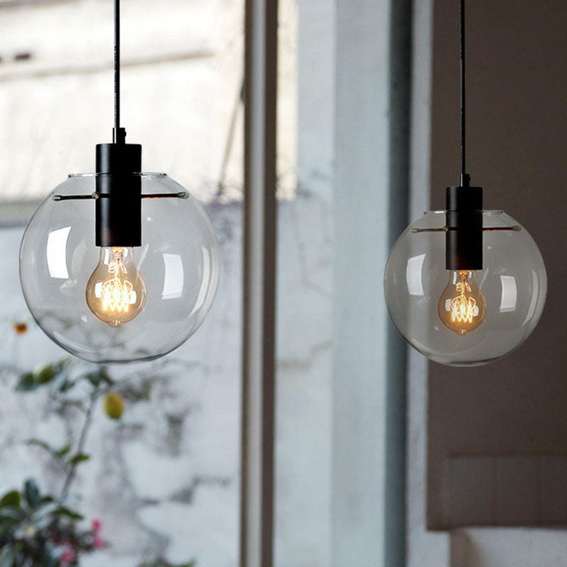 Clear Glass Globe Hanging Light Minimalistic 1-Light Black Pendant Lighting for Restaurant