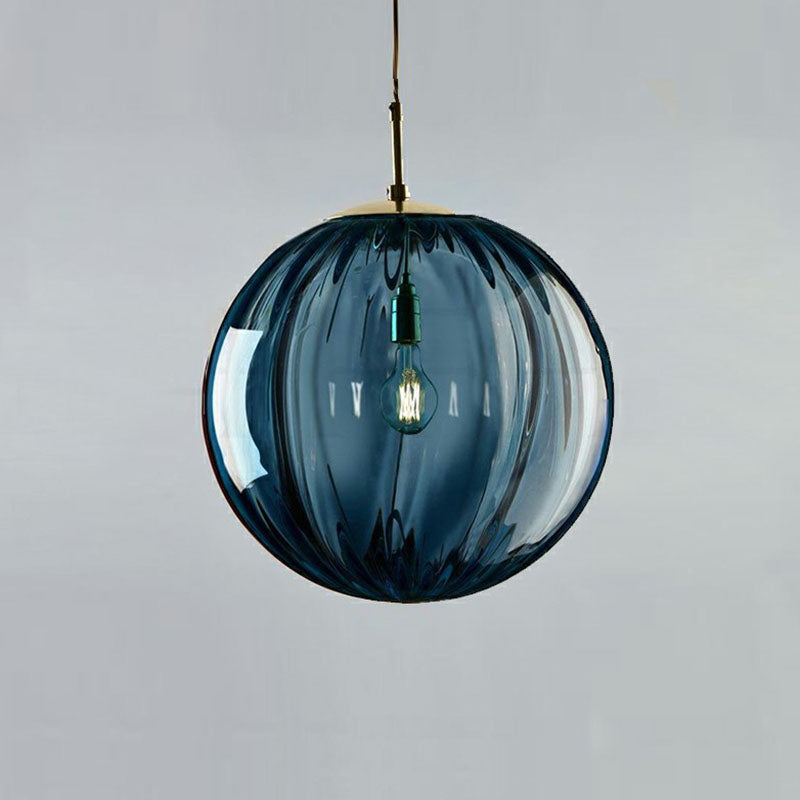 Glass Pumpkin Ball Shaped Pendant Modern 1-Light Hanging Light Fixture for Dining Room