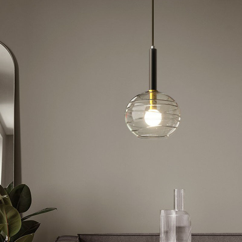 Modern Spherical Hanging Lighting Transparent Textured Glass Single Dining Room Pendant in Black