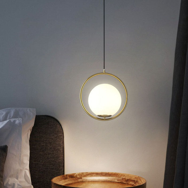 Globe Bedside Pendulum Light Cream Glass 1-Head Postmodern Ceiling Pendant with Ring in Gold