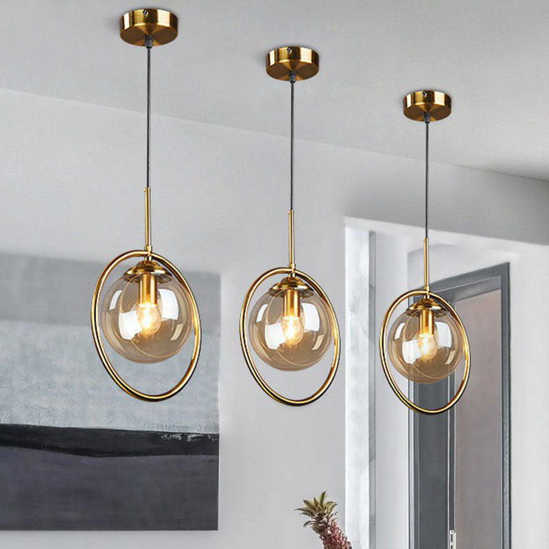 Postmodernist Ball Shade Down Lighting Pendant Glass 1-Light Kitchen Hanging Light with Decorative Ring