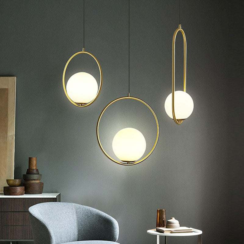 Ball Ceiling Suspension Lamp Simple Style White Glass Single Pendant Light with Metal Ring