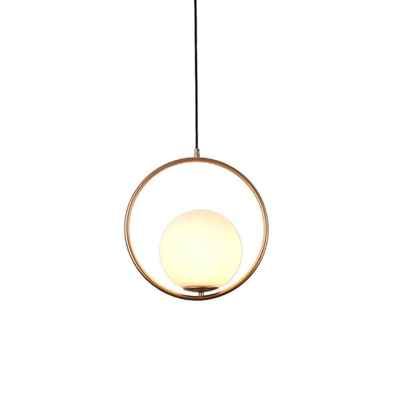Ball Ceiling Suspension Lamp Simple Style White Glass Single Pendant Light with Metal Ring
