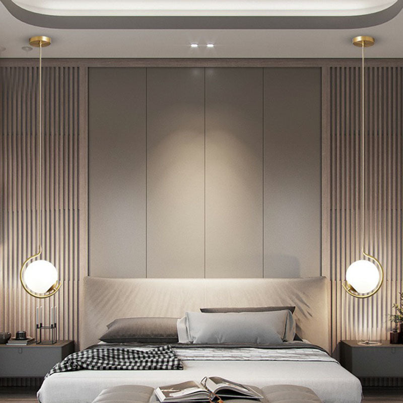 Novelty Simple Ball Pendant Light Cream Glass 1-Bulb Bedside Suspension Lighting in Gold