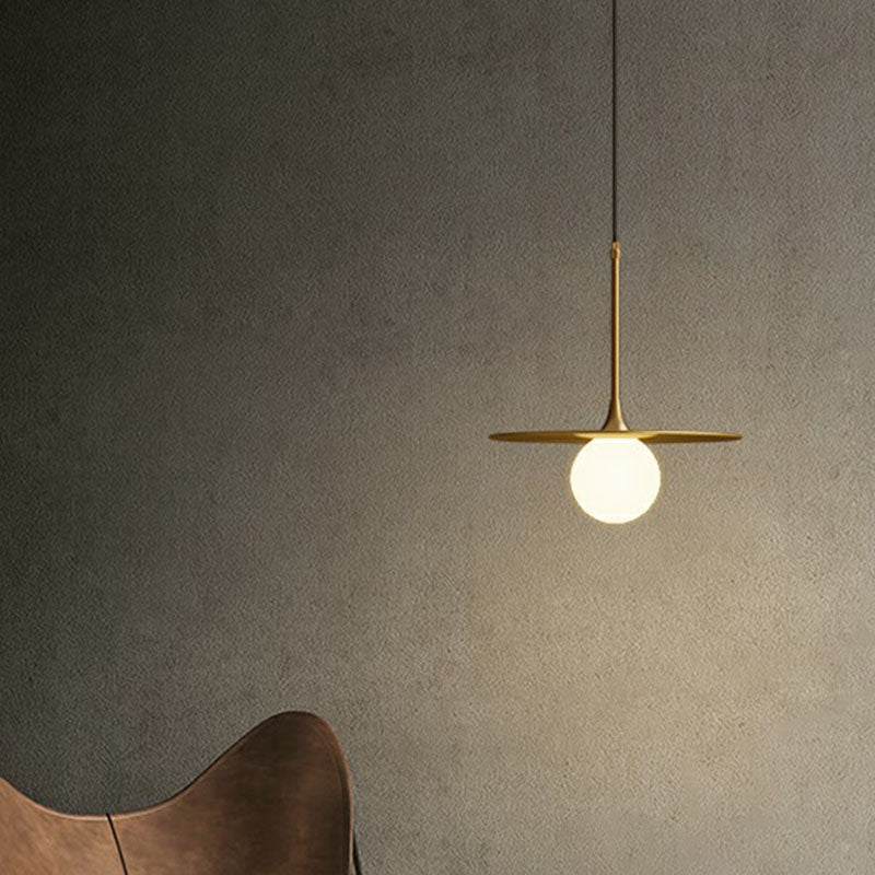 Flat Metallic Ceiling Light Simplicity Single-Bulb Hanging Pendant Lamp with Ball White Glass Shade