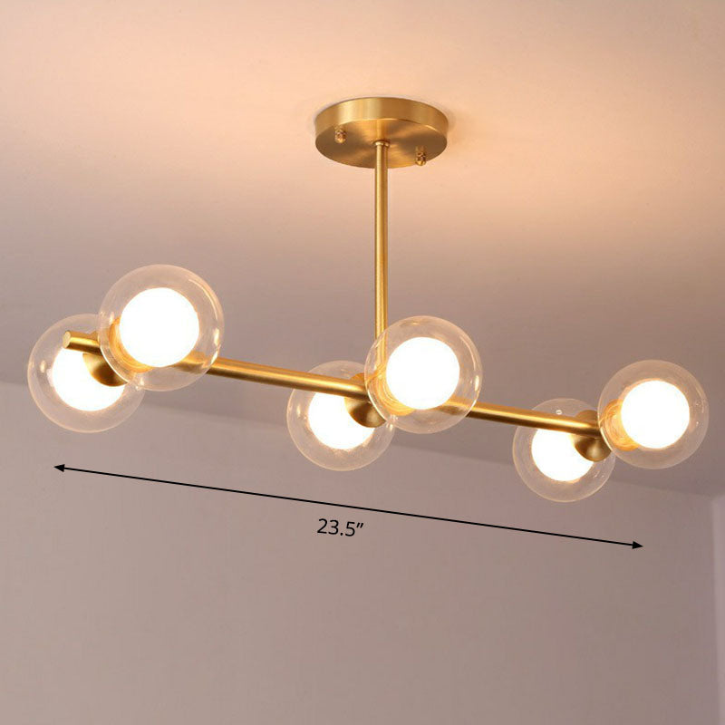 Brass Finish Linear Island Light Postmodernism 6-Light Metal Hanging Pendant with Ball Glass Shade