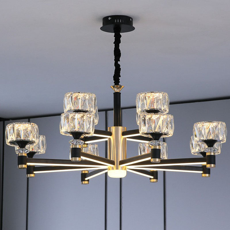 Drum Shaped Hanging Light Fixture Modern Beveled Crystal Living Room Chandelier in Black